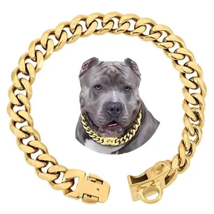 15MM Gold Stainless Steel Dog Collar with Cuban Link Chain Heavy Duty Chew Pr... - Picture 1 of 7