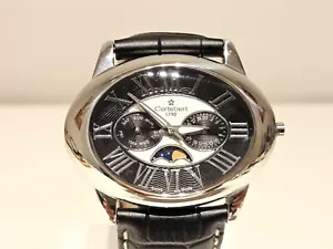 RETRO OVAL 46mm STEEL TRIPLE CALENDAR MOON PHASE MEN'S QUARTZ WATCH "CORTEBERT" - Picture 1 of 13