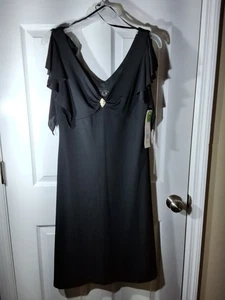 ALEX EVENINGS Little Black Dress Flutter Sleeves Silver Brooch Sz 10 NWT - Picture 1 of 7