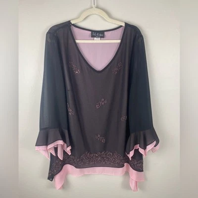 Top elegante negro y rosa SL Fashions con cuentas y lentejuelas - 16 W Foto 1 de 4