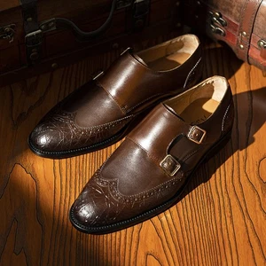 British Men Real Leather Wing Tip Carved Formal Dress Buckle Monk Strap Shoes Sz - Picture 1 of 18