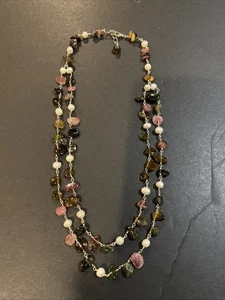 Vintage Sterling Silver Freshwater Pearl Tourmaline 2 Strands Necklace - Picture 1 of 7