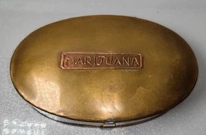 Oval-Shaped Pill Box Solid Brass With Copper Marijuana Label (Pharmacy? Free P+P - Picture 1 of 10