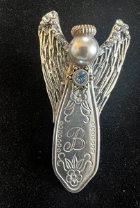 Angel Lapel Pin Handmade from Vtg Utensil Monogram (B) Crystals & Faux Pearl - Picture 1 of 5