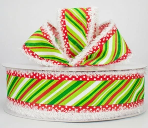 2.5" wired ribbon snowy edge red white green diagonal stripes polka dots 5yds - Picture 1 of 4
