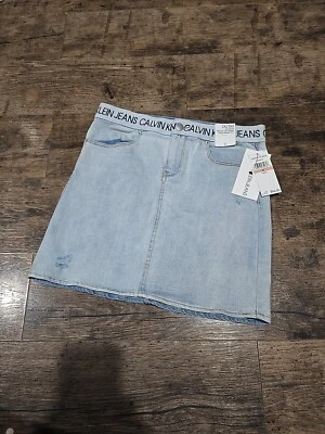 Calvin Klein Girls Jean Skirt Sz 12 New Light Wash Stretch Logo Band - Image 1 of 4