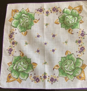 Vintage Printed Ladies Hankie Handkerchief~Green Roses Purple Floral~10.5” - Picture 1 of 3