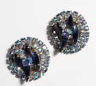 Vintage Blue Navettes Aurora Borealis Rhinestone Chatons Clip Unusual Earrings