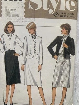 Vtg 80s STYLE 3855 Sewing Pattern jacket Pussy Bow blouse straight skirt 12-14 - Image 1 of 4
