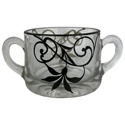 Azucarero de vidrio vintage superpuesto plateado diseño Art Nouveau remolinos flores Foto 1 de 4