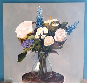 Ölbild auf Panel, 30 x 30 cm, klassischer Blumenstrauß - Bild 1 von 3