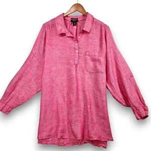 Jones & Co Women's Plus 1X Long Sleeve 100% Linen Top Tunic Popover Pink Rolltab - Picture 1 of 6