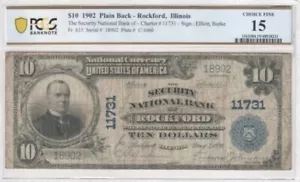 $10 1902 National Currency, The Security National Bank of Rockford, Illinois, VF - Picture 1 of 2