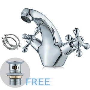 New Modern Cross Head Bathroom Chrome Basin Sink Mono Mixer Tap With Free Waste - Picture 1 of 12