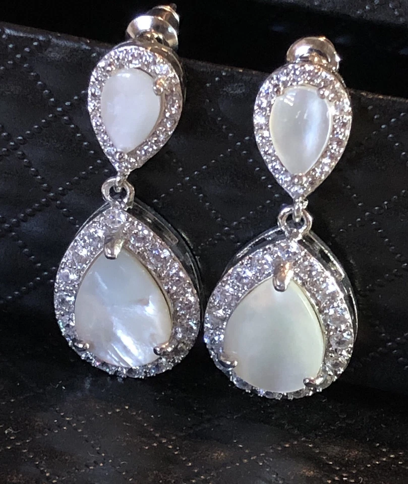 18k White Gold Plated Mother of Pearl Drop Earrings made w/ Swarovski Crystal - Image 1 of 4