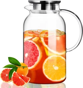 Glass Pitcher with Lid, Hot& Cold Glass Water Pitcher with Handle, Iced Tea P... - Picture 1 of 1