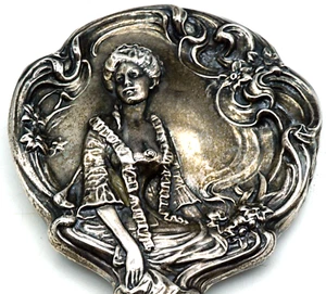 Antique Sterling Silver Art Nouveau Repousse Hand Mirror with A Lovely Lady - Picture 1 of 15