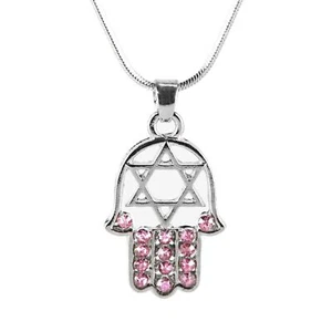 Rosa HAMSA ""Davidstern"" Halskette Kristalle silberfarben Amulett Anhänger jüdisch - Bild 1 von 2