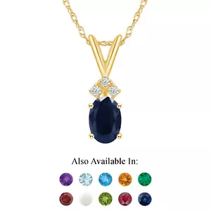 14K Yellow Gold 7x5mm Oval Natural Sapphire Diamond Accent Pendant Necklace - Picture 1 of 4