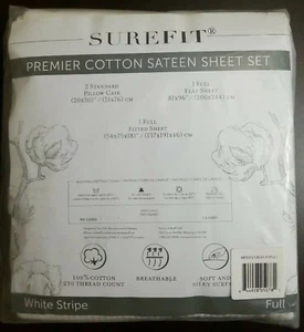 Surefit Premier Cotton Sateen Full Sheet Set - 230 TC - White Stripe - Sealed! - Picture 1 of 4