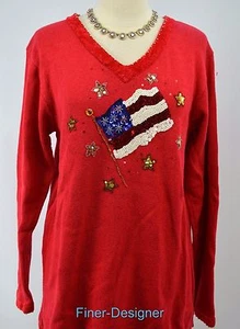 Quacker Factory pullover maglione maglione scollo a V maglia top bandiera patriottica tunica M - Foto 1 di 7