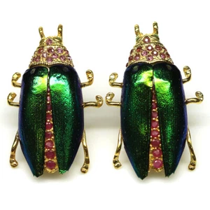 925 Sterling Silver Red Ruby, Emerald & Jewel Beetle Wings Earrings - Picture 1 of 4