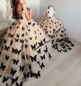Champagne Ball Puffy Toddler Flower Girl Dresses Pageant Black Butterflies - Picture 1 of 10