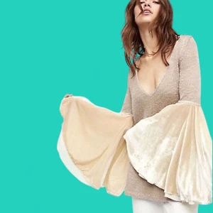 FREE PEOPLE Celestial Sweater beige velvet velour angel flared bell sleeve M 3C - Picture 1 of 8