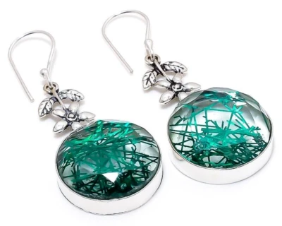 Green Rutilated Quartz Gemstone 925 Sterling Silver Handmade Jewelry Earrings - Image 1 of 4