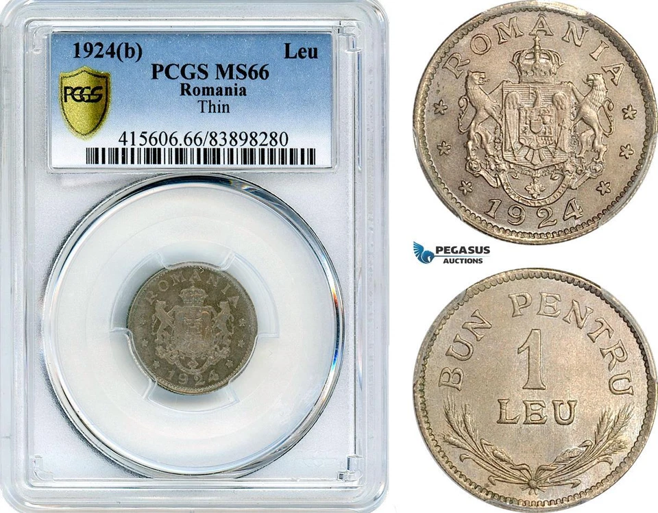 AJ244, Rumania, Fernando, 1 Leu 1924, Bruselas Mint, Planchet fino, graduación profesional MS66 Foto 1 de 1