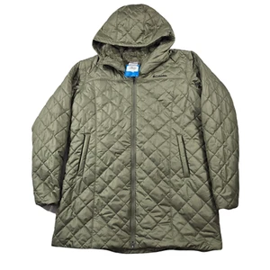 Columbia Quilted Puffer Coat Womans 2XL Stone Green Hooded Fleece-Line Mid $190 - Picture 1 of 12