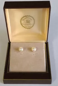 14K Yellow Gold 8mm Seaborne Cultured Pearl Stud Earrings Orig. Box Vintage - Picture 1 of 7