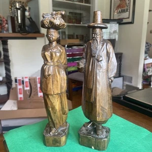 Vintage 2, Hand Carved Wooden Folk Art Asian Style Statue’s Man & Woman - Picture 1 of 24