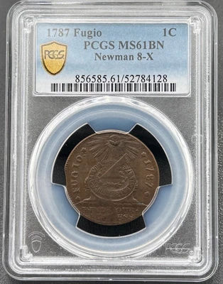 Centavo Fugio 1787, 1 centavo de cobre, Newman 8-X variedad graduación profesional MS 61 marrón, alta calidad Foto 1 de 4