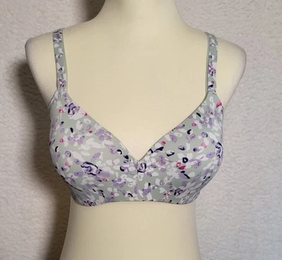 Hanes 花卉文胸 36C 无线轻薄衬垫绿色紫色弹力 0649 — 第 1/4 张图片