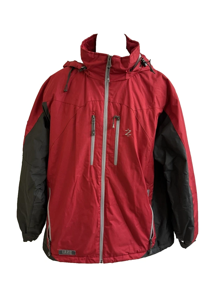 Chaqueta Izod PerformX Roja/Negro Con Capucha Bolsillos con Cremallera Forrada Aislada Talla Grande Foto 1 de 4