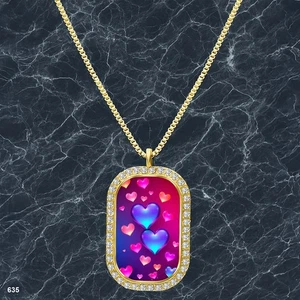 Gorgeous Colorful Hearts Pendant Necklace Printed Design Sleek Gold Tone Best - Picture 1 of 4