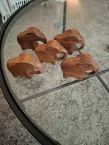 Rare VTG Mid Century Modern Set 5 Hand-Carved Wood Elephant Napkin Rings  - Picture 1 of 4