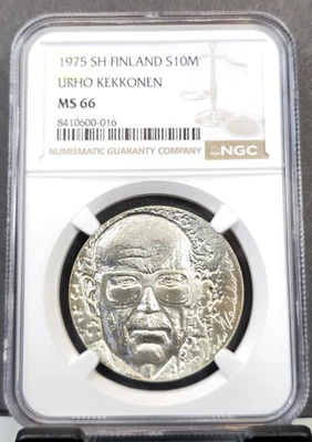 1975 FINLAND SILVER 10 MARKKAA URHO KEKKONEN NGC MS 66 SCARCE NICE GEM BU COIN - Image 1 of 3