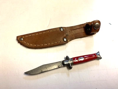 Cuchillo de caza miniatura vintage EE. UU. con funda de cuero 3-7/8" rojo imperial Foto 1 de 4