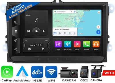 Rádio estéreo veicular 9" Android 13 6+64 CarPlay GPS navegação DSP unidade principal 4G LTE para VW - Imagem 1 de 4