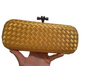 second hand/ B V stretch knot LONG clutch/gold colour 25cmX11cm - Picture 1 of 5