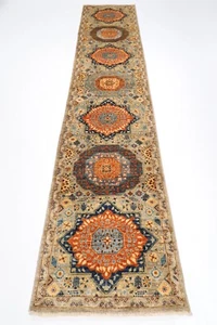 12 ft Hallway Mamluk geometric Runner Rug Afghan Hand Knotted Wool Bedroom Rug - Picture 1 of 9