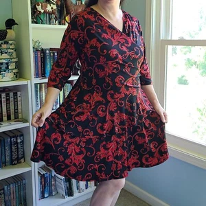NWT Dress Red Black Slinky 2X Scroll Print Stretch Knit Asymmetric Ruffle - Picture 1 of 19