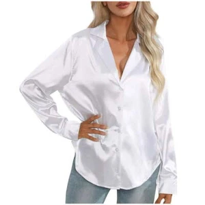AherBiu Shirts Women´s Size XL Satin Button Lapel V-Neck Long Sleeve --Y3-- - Picture 1 of 4