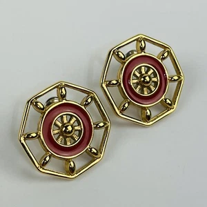 Vintage Earrings Gold Toned Red Nautical Pierced Signed  - Picture 1 of 6