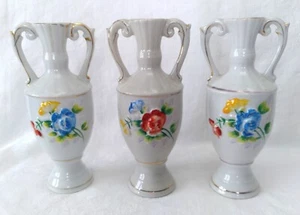 3 Vintage Occupied Japan Floral Vases Urns Handles Gold Trim Red Blue Yellow 7" - Picture 1 of 10