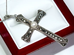 830 Silber - antiker Art Deco Kreuz-Anhänger - Akoya-Perle - Markasite - GROß - Bild 1 von 6