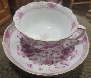 Meissen Demitasse Cup & Saucer Pink Indian Flowers Porcelain Gold Trim Antique - Picture 1 of 12