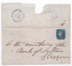 1846 QV FINE 2d BLUE STAMP PLATE3 ON TRIMMED WRAPPER TO BANK OF SCOTLAND GLASGOW - Picture 1 of 4